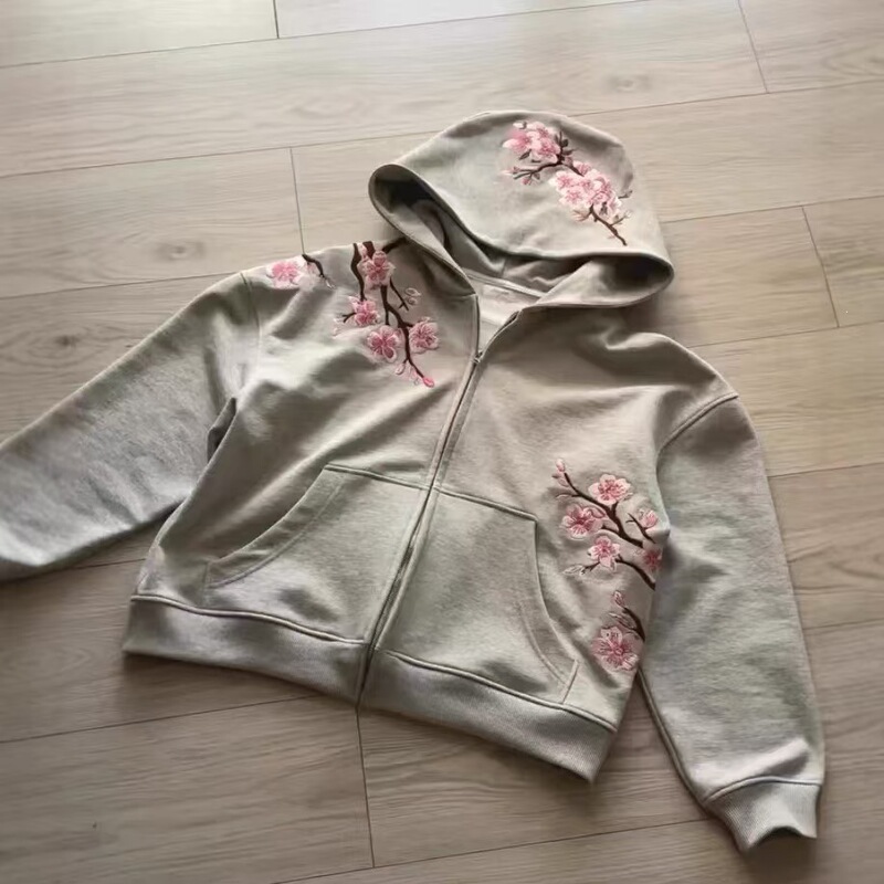 2026 New Cross-Border Cherry Blossom Print Unisex Hooded Sweatshirt Loose Zipper Cardigan Jacket Retro Artistic Style