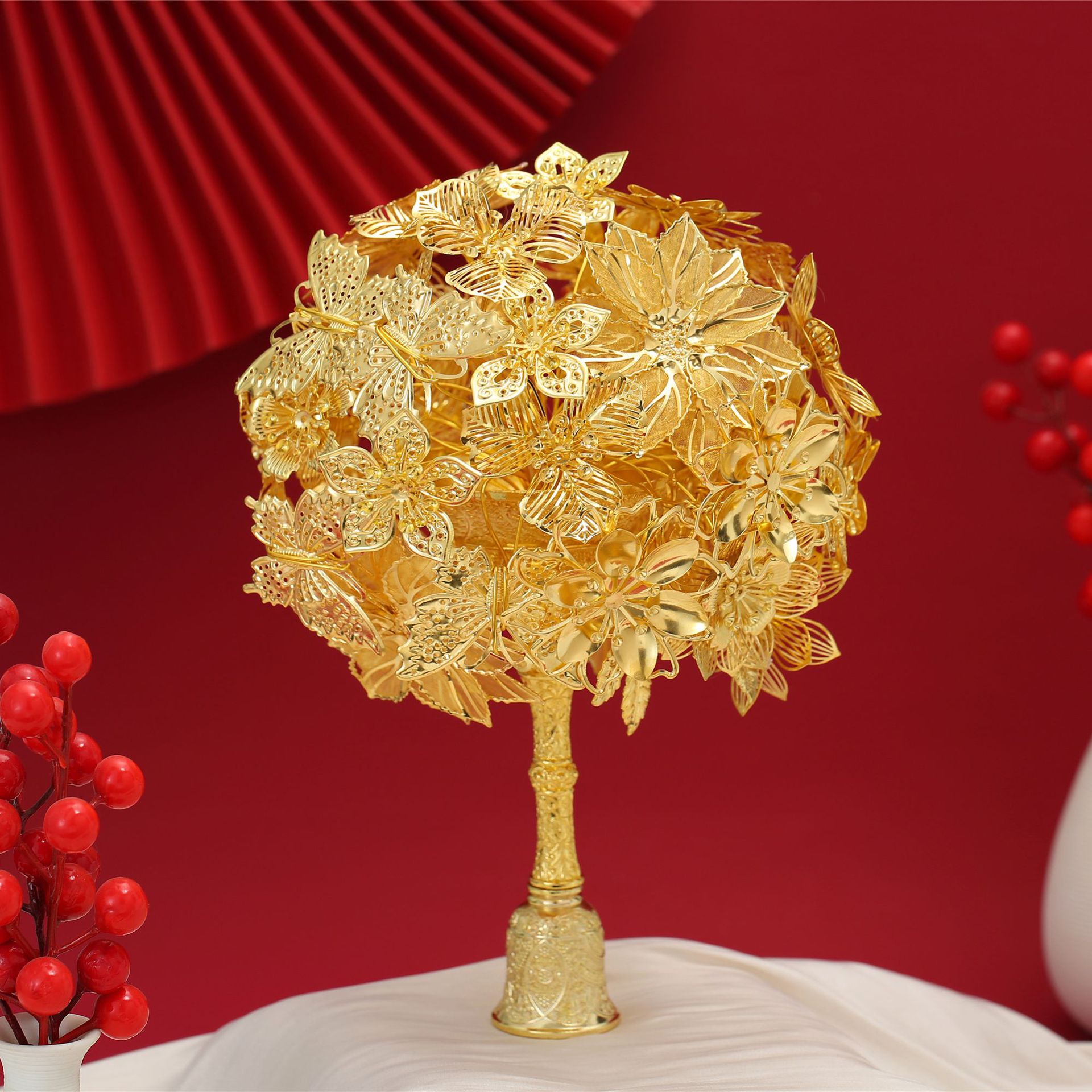 New Gold Color Bouquet Material Package Chinese Wedding Bride Xiuhe Suit Scepter as a Wedding Gift for Besties