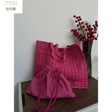包包女韩版春夏编织袋大容量托特包购物袋华夫格手工编织镂空手袋