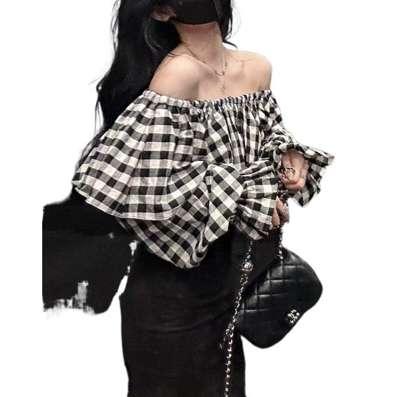 Костюм-юбка (жен.) клетчатый открытые плечи и рыбья юбка, в стиле Chanel, эффект подъёма