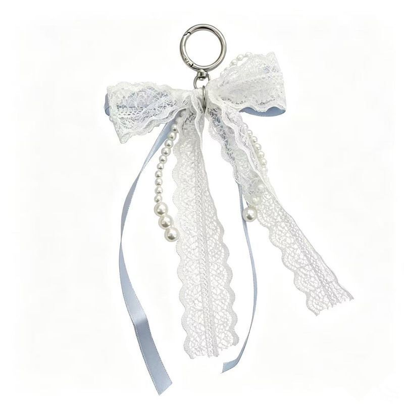 Super fairy-like double-layer lace ribbon pearl bow keychain bag pendant ins-style fabric bow ribbon