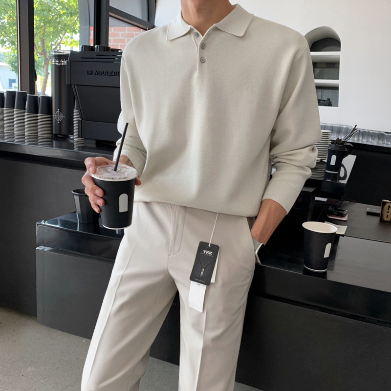 [Clearance] Myq Long-Sleeve Knit Sweater for Men, Autumn Korean Style, Loose Trendy Versatile Solid Color Polo Collar Sweater