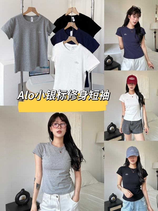 原標Alo小銀標アルファベットプリント丸首半袖修身痩せ運動百合ヨガ正肩上着tシャツ|undefined