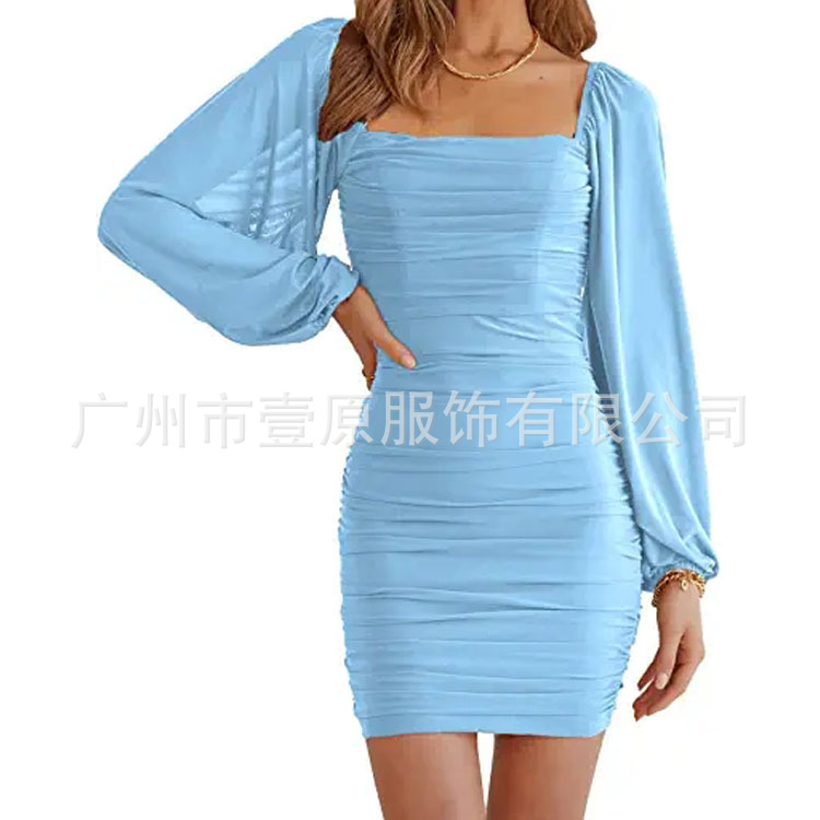 欧美女装2025春季新款方领灯笼袖长袖连衣裙高弹网眼修身短裙女