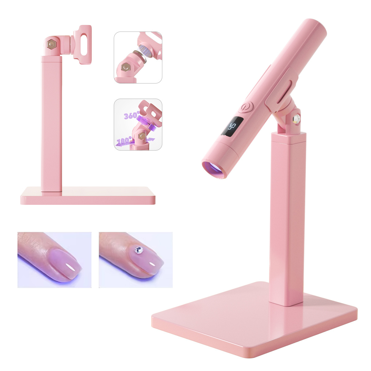 Lámpara de fototerapia portátil rosa de manicuras un soporte de lámpara rotativa de 360 grados soporte multifuncional conjunto de lámpara de horneo de uñas