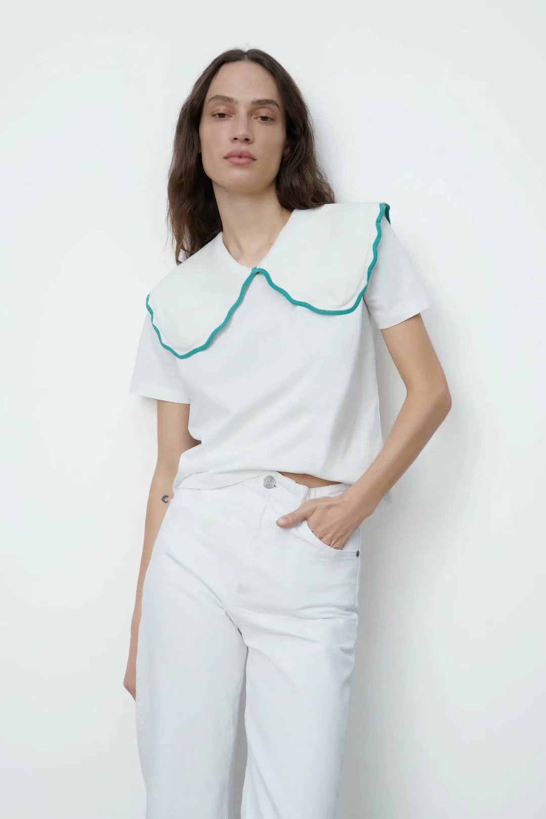 stitching neckline lapel T-shirt  NSAM45452