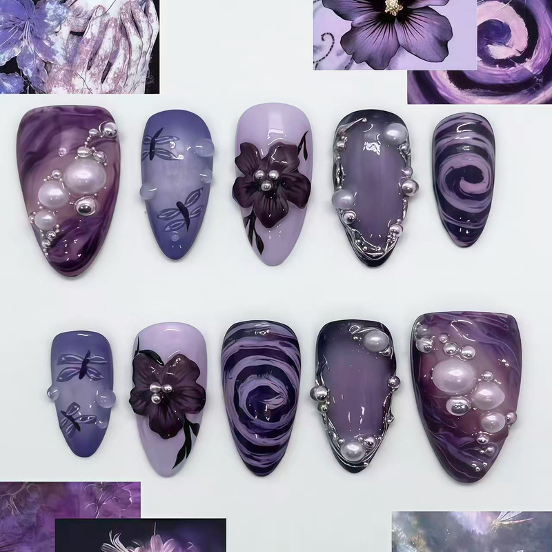 Halloween black and purple gilded dragonfly swirl press-on nails European and American ins dark 3D nail art stickers Halloween