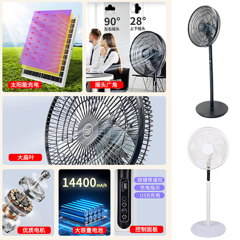 Ventilador de emergencia de apagón, campamento, super durabilidad, gran viento, ventilador de piso solar recargable, ventiladores Sola