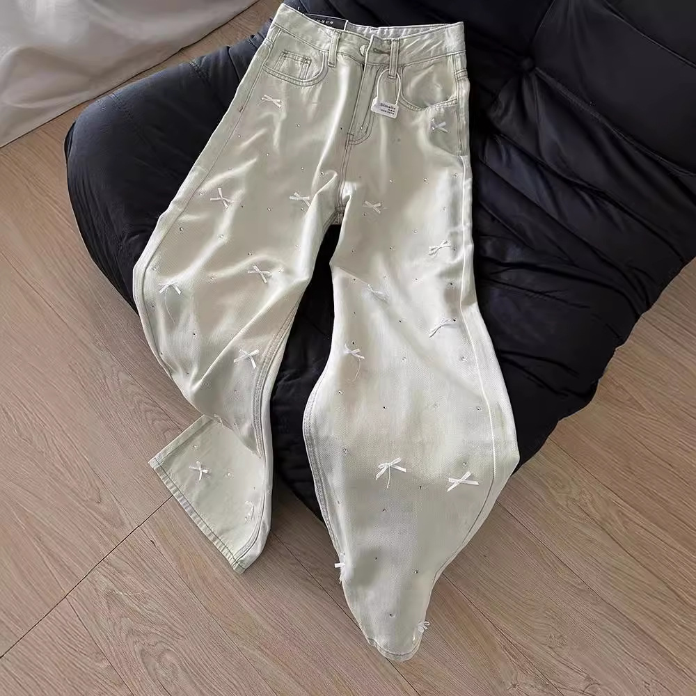 Three Dimensional Bow Design With Hot Diamonds, High Waist And Slim Light Blue Jeans, Washed Straight And Casual Mopping Trousers_ecoleips.com