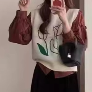 24 invierno Puyuan primavera y otoño nuevo chaleco de jersey de punto de mujer estilo coreano Jacquard cuello redondo suelto image 5