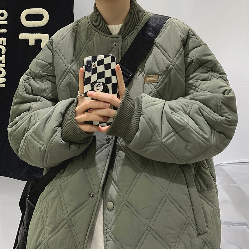 Estilo japonés rombo engrosada abrigo de invierno de los hombres ropa de algodón acolchado marca de moda suelta americana retro pareja desgaste herramientas de algodón acolchado ropa de moda