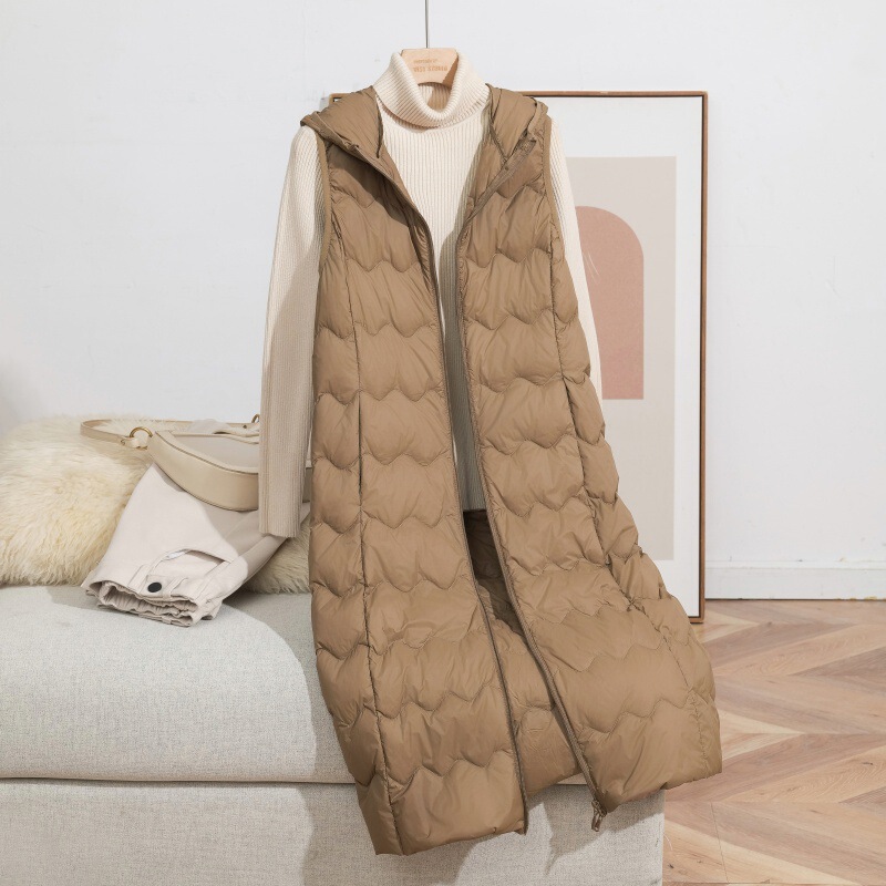 2025 Autumn and Winter New Style Over-The-Knee Long Lightweight Hooded White Duck down Vest Wavy Pattern down Vest Large Size Jacket
