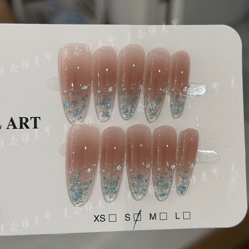 Aegean Sea Pure Handmade Wearable Nails, Gentle Pearl Ice Translucent Glitter Nail Art, Adult Fake Nail Pieces, Handmade Nail Art