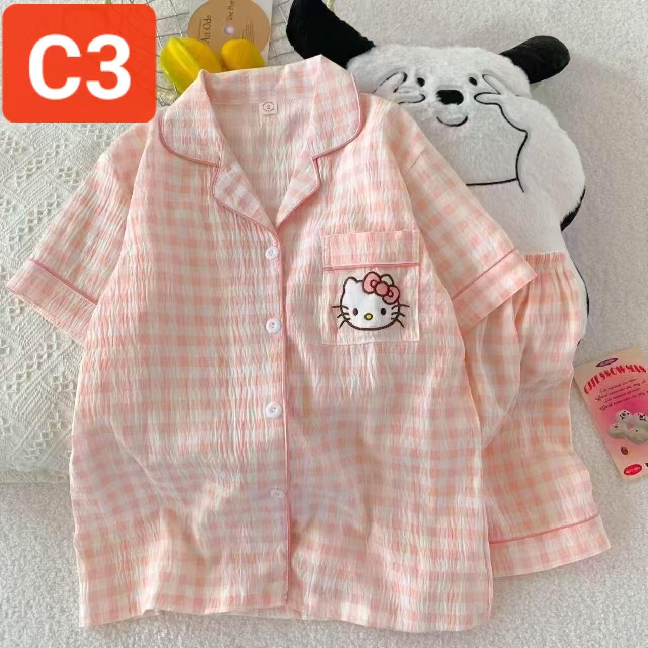 Pijamas de algodón nubes al por mayor transfronterizos de verano nuevos pantalones cortos de manga corta cardigan con solapas japonesas y coreanas de dibujos animados a cuadros