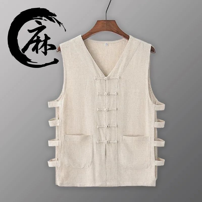 Sleeveless Linen Shirt Men's Summer Simple Vest Korean-style Thin Waistcoat All-match Fashionable Loose Slim-fit Vest Top