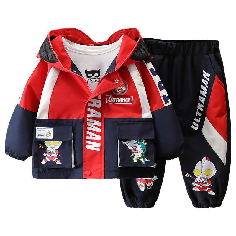 7614 traje de primavera para niños 2025 nuevo estilo niño estilo occidental gabardina con capucha primavera y otoño ocio de dos piezas primavera