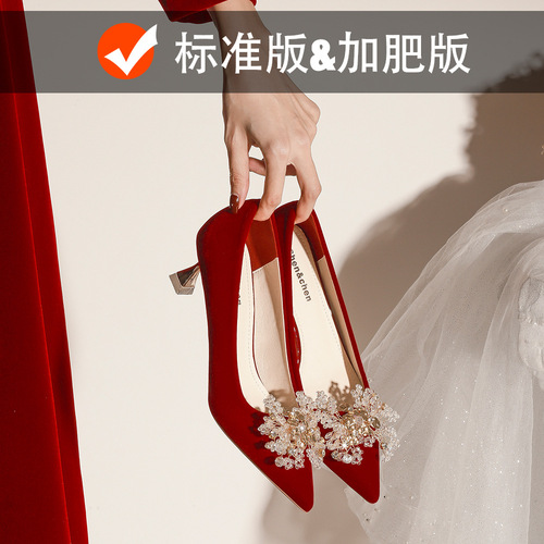 X588-12 pointed-toe red wedding shoes for brides,  new style high heels, show headdress, plus size 40-43