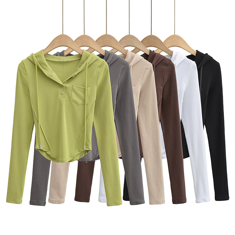 Pure Spice Girl Style Hooded Long-sleeved T-shirt Women's 2022 Autumn New Slim-fit Pocket Curved Hem Slimming Top Pure Spice Girl Style Hooded Long-sleeved T-shirt Women's 2022 Autumn New Slim-fit Pocket Curved Hem Slimming Top