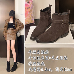 牛绒皮复古美拉德短靴女2025秋冬新款皮带扣侧拉链粗跟西部牛仔靴
