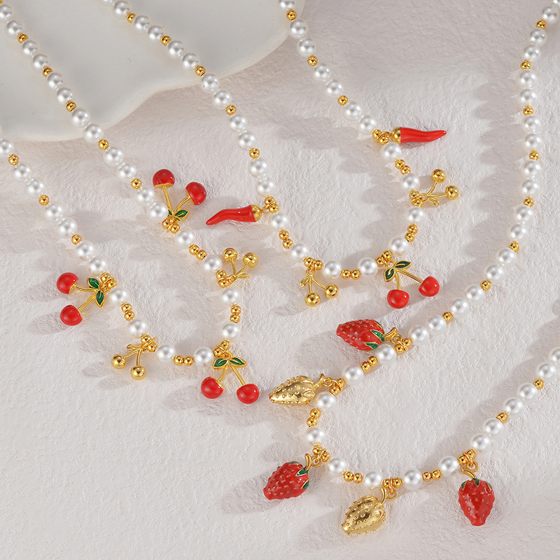 304 Stainless Steel, Imitation Pearl Material Women's 304 Stainless Steel Imitation Pearl Beaded Chain Cherry Strawberry Chili Multi Charms Necklace Imitation Pearl Jewelry