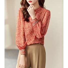 韩版文艺复古碎花加厚雪纺衫女春秋上衣职场衬衣花边立领洋气小衫