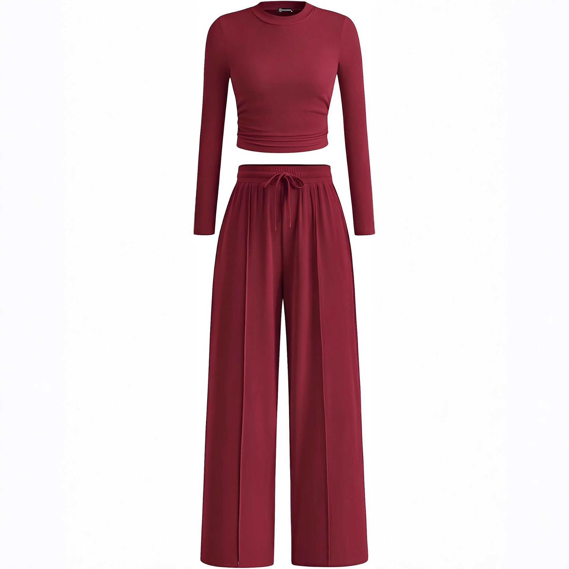 European American Cross-border Solid Color Ribbed Two-piece Set: Slim-fit Short Long-sleeve Top And Drawstring_ecoleips.com