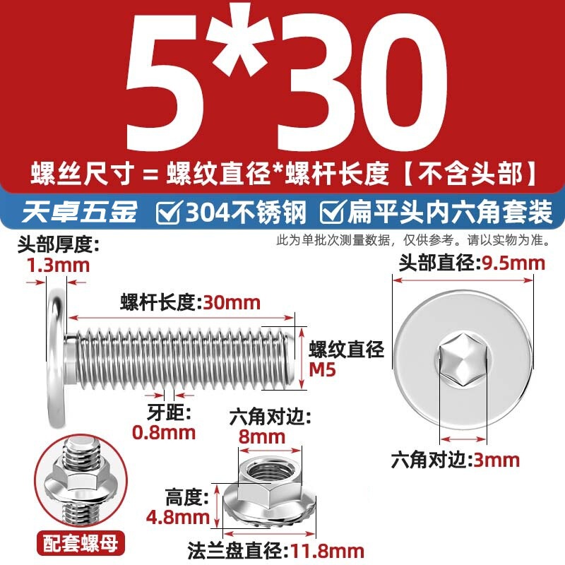 304不锈钢CM大平头超薄头C头扁平头内六角螺丝钉法兰边螺母套装M5|undefined
