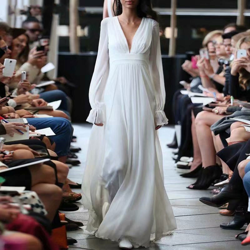 El Comercio exterior europeo y americano Amazon AliExpress deseo nuevo elegante gasa manga larga vestido de novia ligero cuello en V