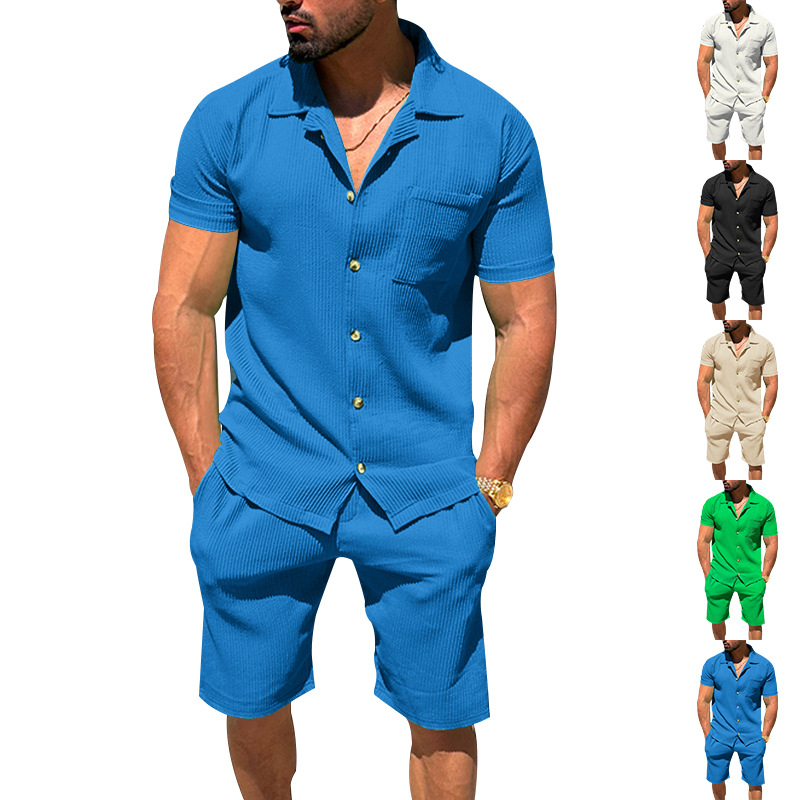 Bộ quần short cardigan nam cổ bẻ mẫu mới Amazon Xiyin áo thun sọc dọc màu trơn mùa hè bộ 2 chiếc ngắn tay