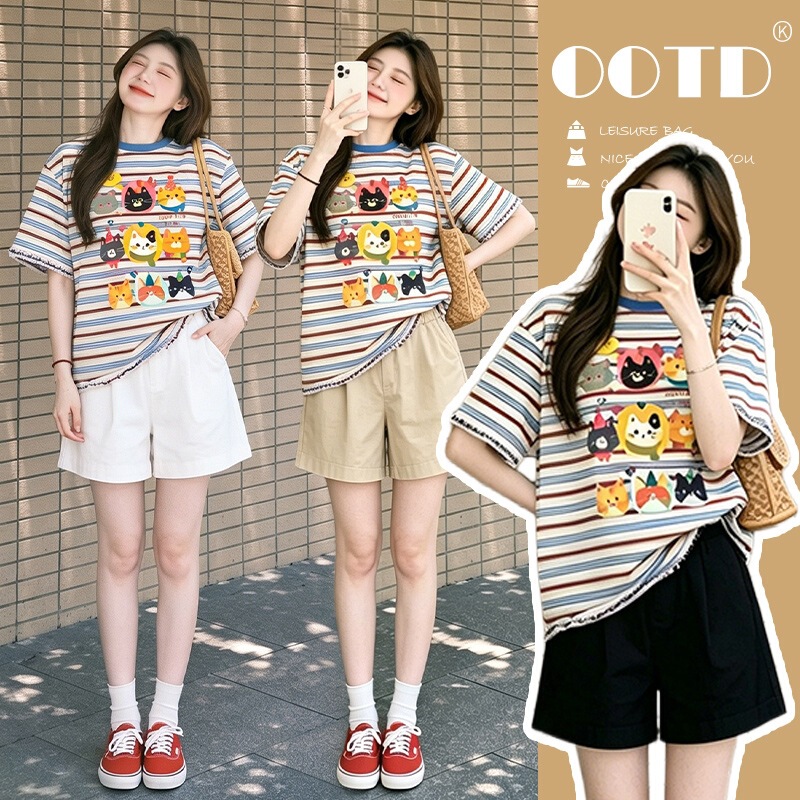 Age-Reducing Cute Kitten Striped Maternity Wear Thin T-Shirt Loose Short-Sleeved Top and Shorts Two-Piece Set Age-Reducing Cute Kitten Striped Maternity Wear Thin T-Shirt Loose Short-Sleeved Top and Shorts Two-Piece Set