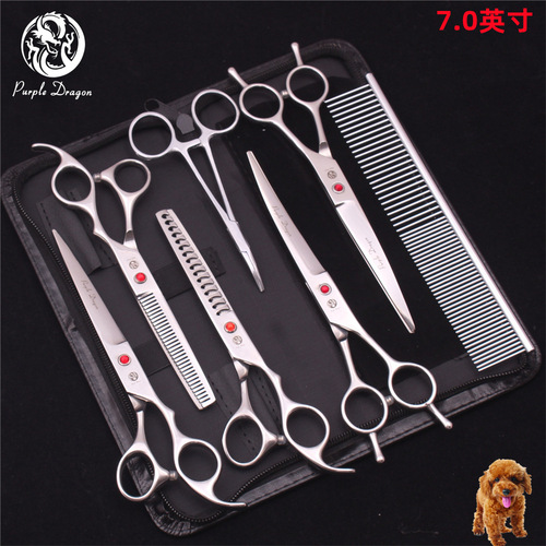 Purple Dragon Pet Scissors 7.0-inch Grooming Set Straight Scissors Curved Scissors Tooth Scissors Fish Bone Scissors Hair Trimmer Dog Grooming Tool
