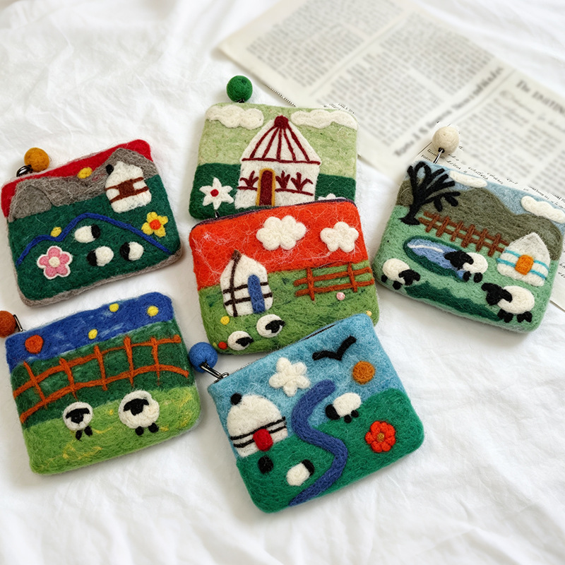 Handmade Nepalese wool felt coin purse with zipper, cartoon lamb, yurt scenery card holder, creative storage bag