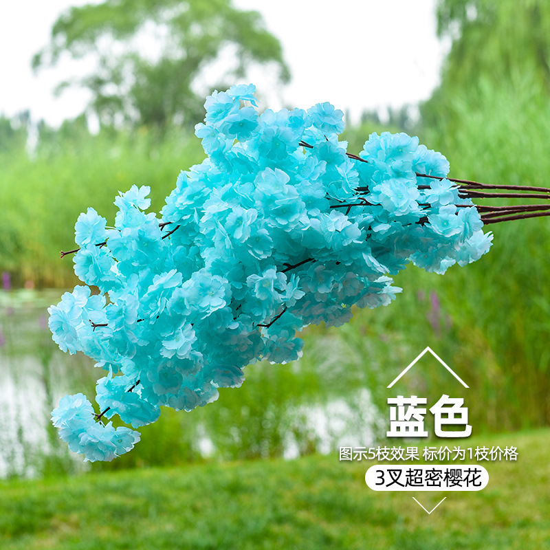 Ramas de Sakura con flores artificiales de tres puntas para decoración de interiores y exteriores en centros comerciales, ramas de flores de seda con enredaderas de cuatro puntas y tallos extendidos.