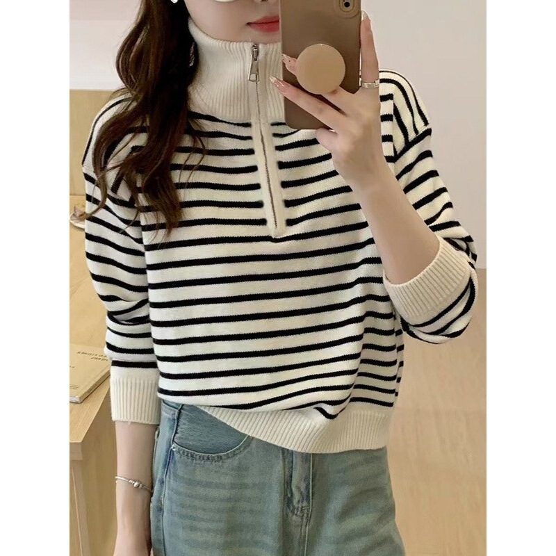 Cross-border Lapel Half Zipper Striped Pullover Sweater Women's Autumn and Winter New Loose Casual Lazy Style Foreign Trade Knitted Sweater