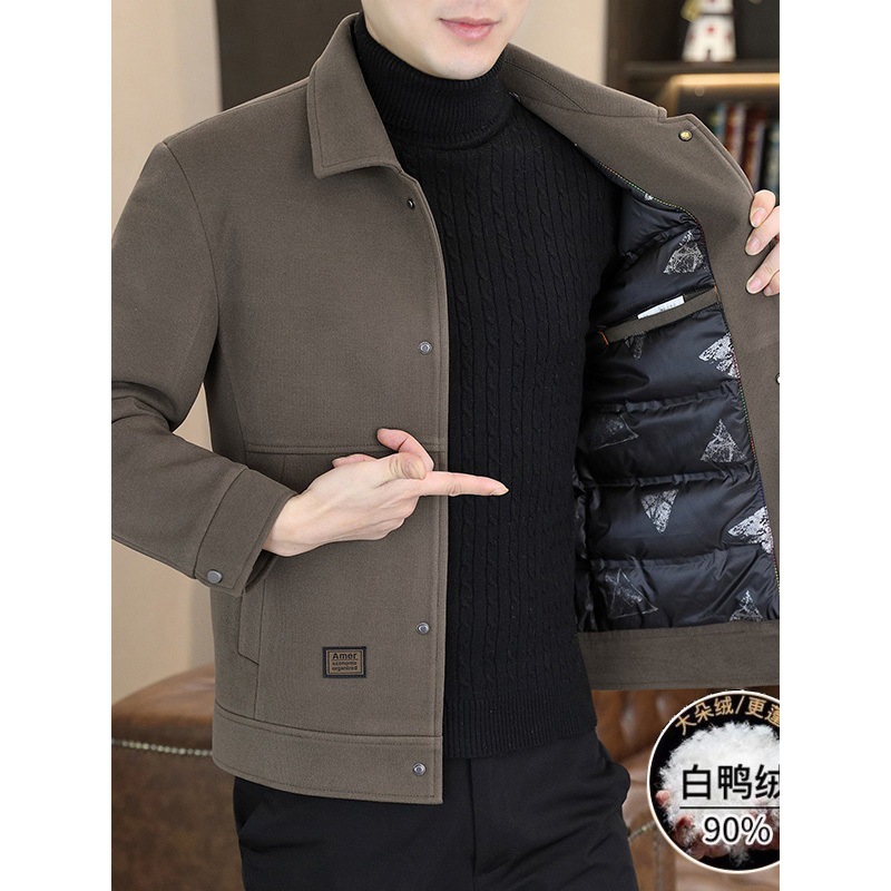 男士羽绒服短款翻领夹克男冬季中年商务休闲毛呢大衣男款呢子外套