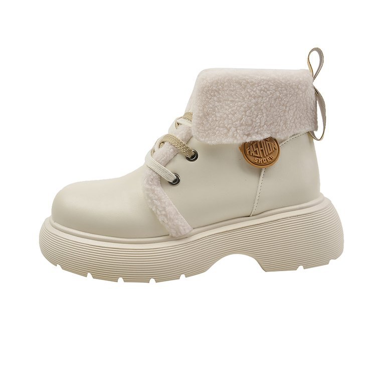 2023 New Academy Style Small Leather Shoes with Plush Martin Boots Thick Sole Thermal Insulation Big Head Ugly Cute Cotton Shoes_voghion.com