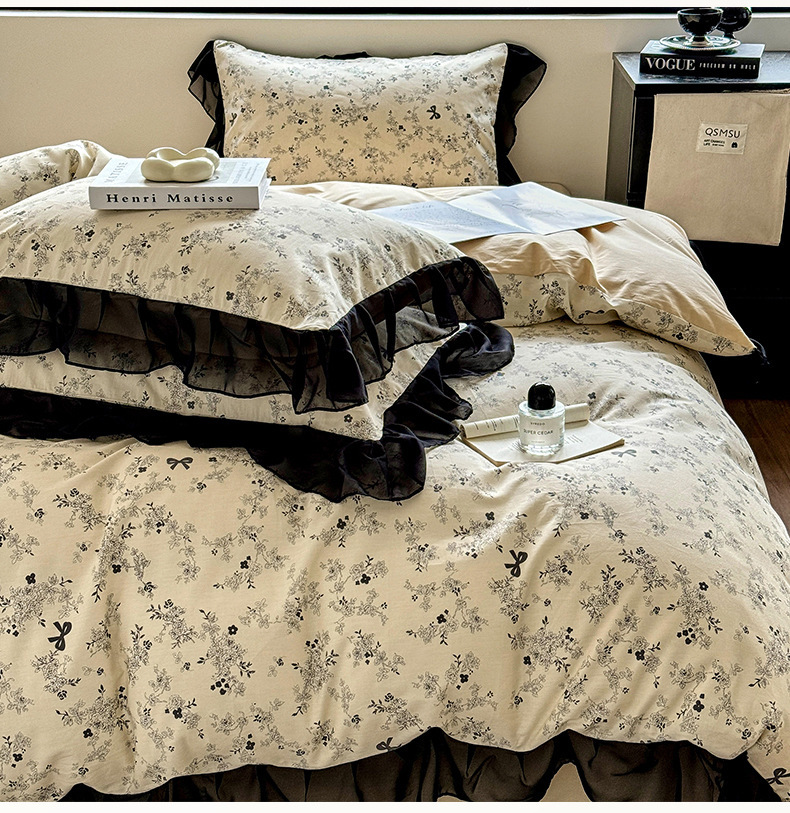 Vintage Floral Duvet Cover Set Pure Cotton Black Lace Bedding_voghion.com