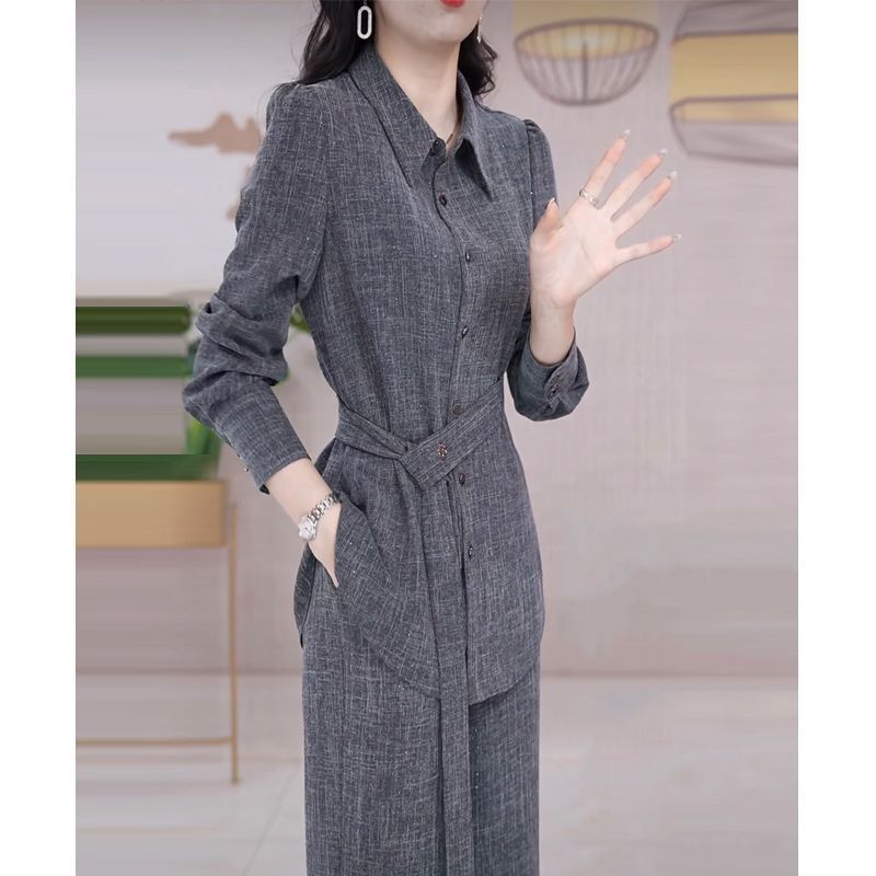 高端时尚气质套装女2025春秋新款韩版显瘦长袖上衣阔腿裤两件套潮|undefined
