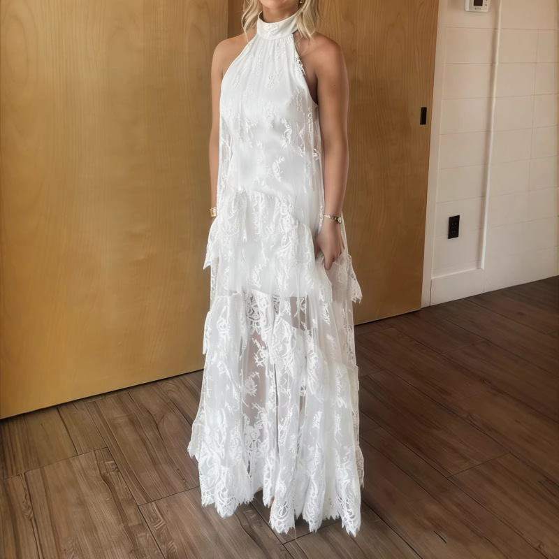 2026 European and American Style Western Style White Lace Halter Neck Long Dress Sleeveless High Collar Layered Design Gown Dress
