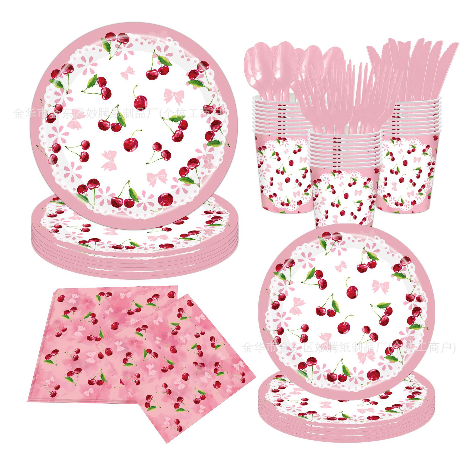 Fiesta de fruta de cereza arco rosa, cena familiar, cubiertos, tazas de papel, toallas, set de bandeja desechable