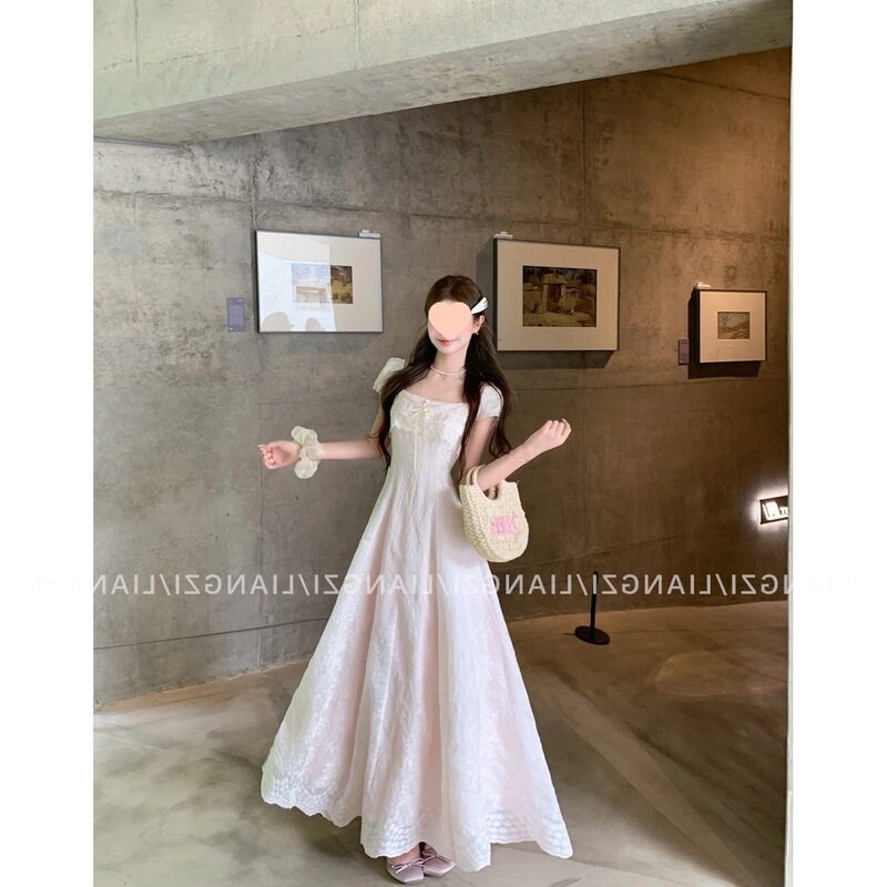 Liangzi Fog Pink Tea Party Summer Girl Style Lace Patchwork Embroidered Long Dress with Waist Cinching in Picture Color Liangzi Fog Pink Tea Party Summer Girl Style Lace Patchwork Embroidered Long Dress with Waist Cinching in Picture Color