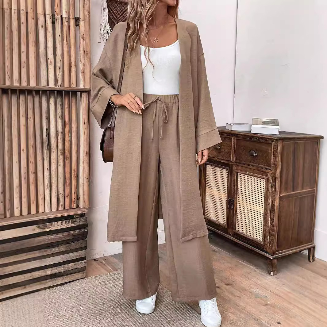 Women's Clothing new loose long cardigan top wide leg pants two piece suit_voghion.com