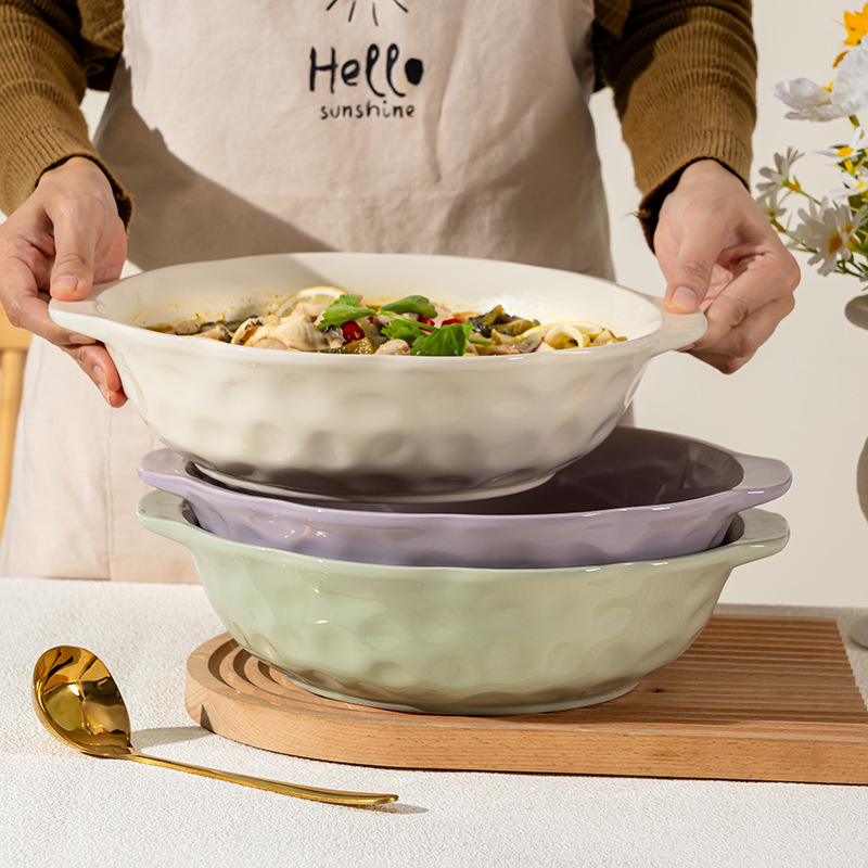 Simple Cream Style Hand Pinch Ceramic Bowl 12 Inch Binaural Large Soup Bowl Fruit Basin Household Solid Color Pickled Fish Bowl