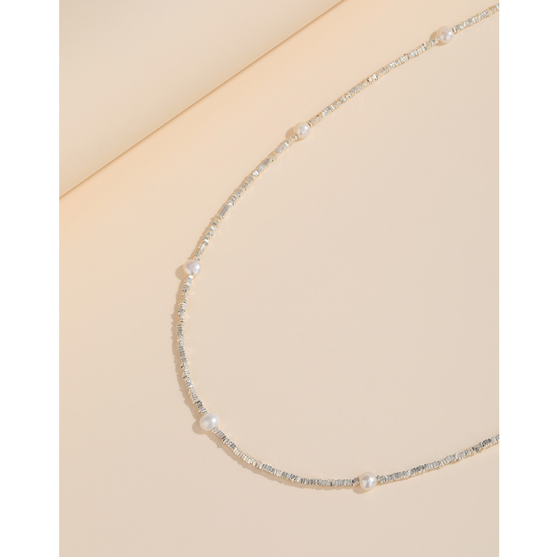 S925 plata esterlina perla de agua dulce roto Collar de plata para las mujeres Luz de lujo nicho diseño de alto grado roto pareja de plata clavícula cadena