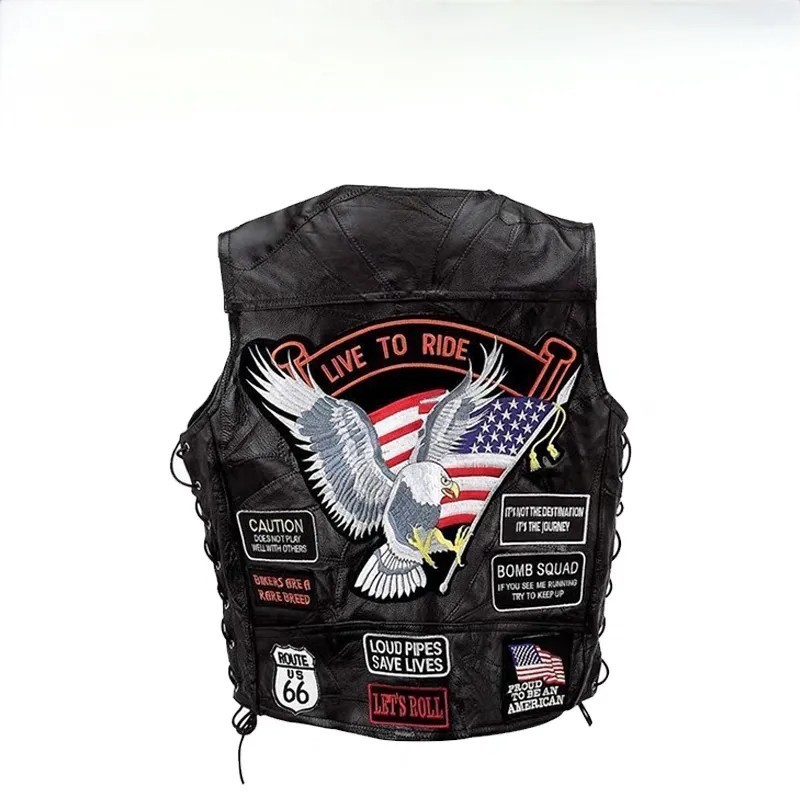 European and American Motorcycle Vests, Genuine Leather Vests, Men's Leather Vests, Cycling Classic Vests, 14 Embroidered Badges