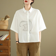 实拍撤柜剪标休闲大码刺绣纯棉短袖衬衫显瘦衬衣宽松百搭上衣女潮