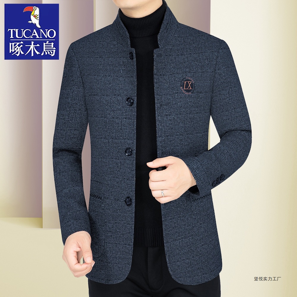 Woodpecker Men's Woolen Jacket 2025 Autumn New Middle-Aged Stand Collar Woolen Jacket Short Dad Autumn and Winter Wear