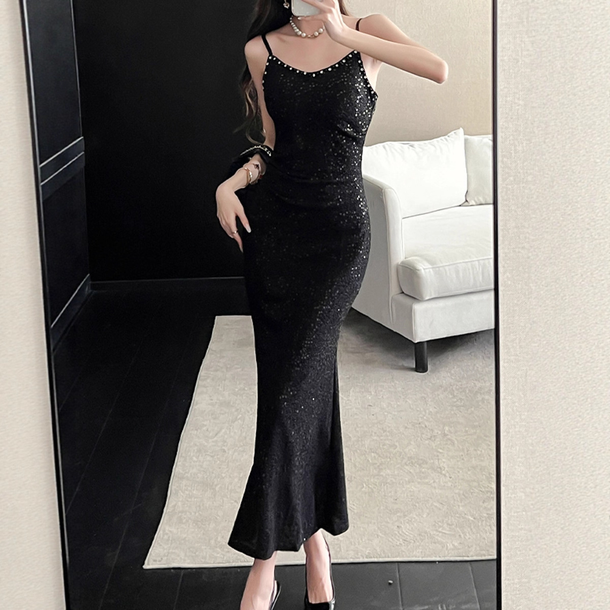 High-End Beaded Long Sequined Fishtail Suspender Skirt for Banquet Birthday Party Bridesmaid Dress Elegant Slimming Look