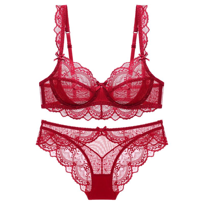 Cross-border Lace Underwear suit Women's Pure Desire Gathering Bra Sexy Red Breathable Thin plus size Bra