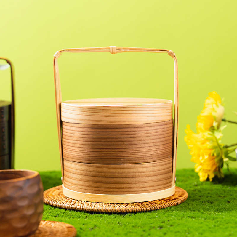 Fábrica al por mayor cesta de mano de madera para el hogar en capas caja de fruta fresca vintage caja de pastelería japonesa vajilla